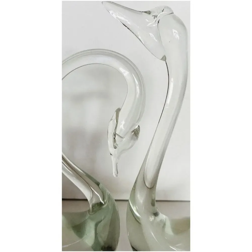 Vintage MCM Pair of Clear Hand Blown Glass Swans Smooth Pontil Quality Versatile
